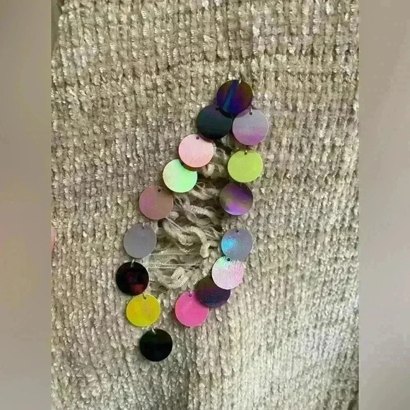 Grifflin Distressed Ripped Sweater with Multicolored Sequins Tan Size S/M Soft - Picture 6 of 12